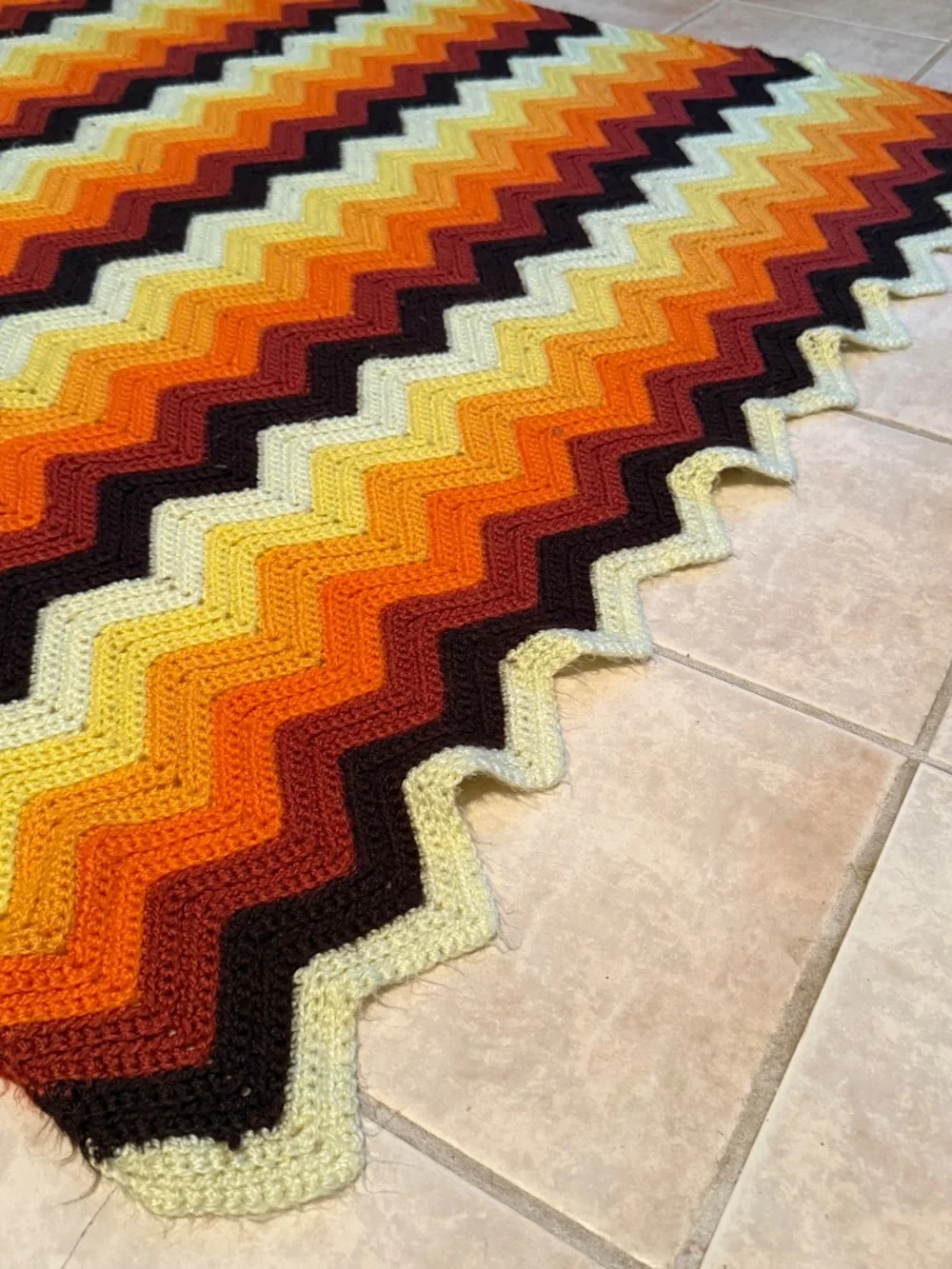 Vintage Handmade Crochet Afghan Blanket Sunset Earth Tone Chevron Zig Zag Large